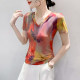 2025 summer new fashion printed V-neck T-shirt for women short-sleeved European tie-dye mesh top slim half-sleeved shirt