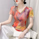 2025 summer new fashion printed V-neck T-shirt for women short-sleeved European tie-dye mesh top slim half-sleeved shirt