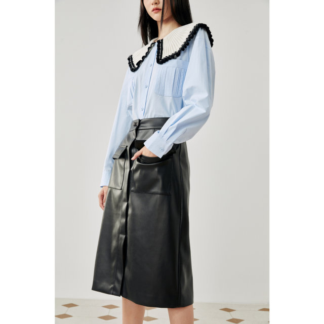 Taiping Bird Simple Pocket PU long skirt female autumn and winter PU leather skirt retro coffee color half body long skirt
