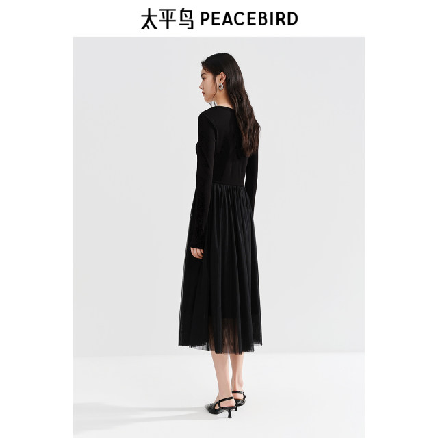 Peacebird women's long-sleeved splicing dress autumn new fake two-piece knitted long skirt fashionable V-neck skirt