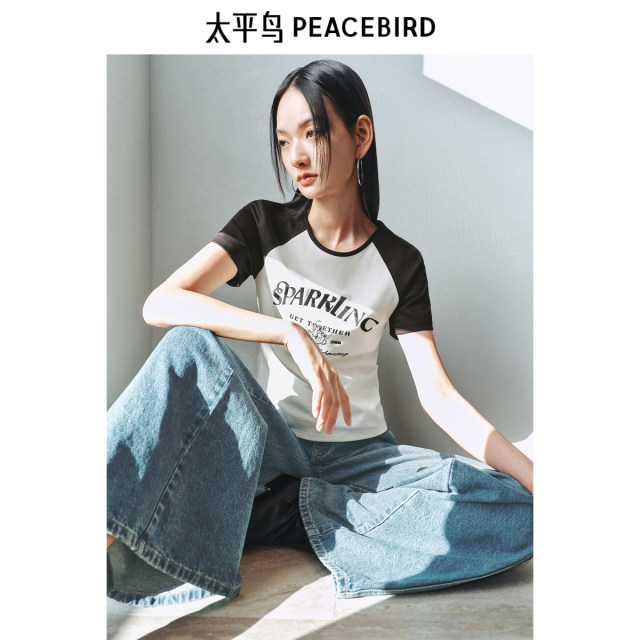 Peacebird Ragsleeves Short Hot T-shirt 25 Summer New Contrast Color Bead Embroidered Elaborate Pattern Top for Women
