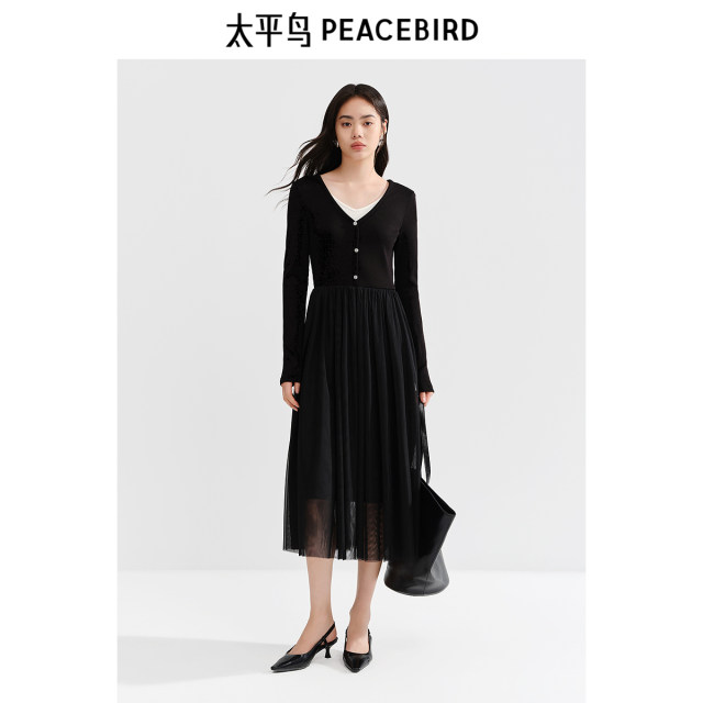 Peacebird women's long-sleeved splicing dress autumn new fake two-piece knitted long skirt fashionable V-neck skirt