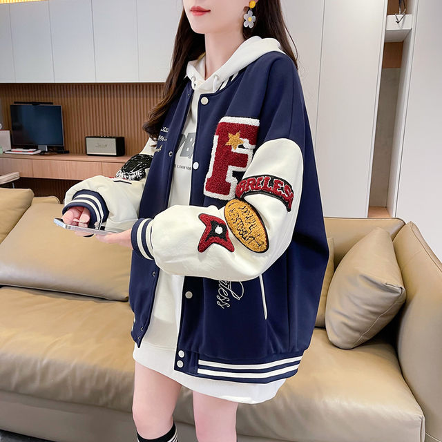 American retro baseball uniform jacket for women 2025 spring and autumn new loose large size embroidered casual couple jacket trendy

