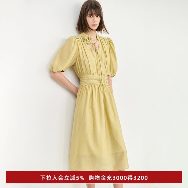 LILY summer women's clothing with linen vintage puff sleeves romantic floral temperament gentle high waist dress
