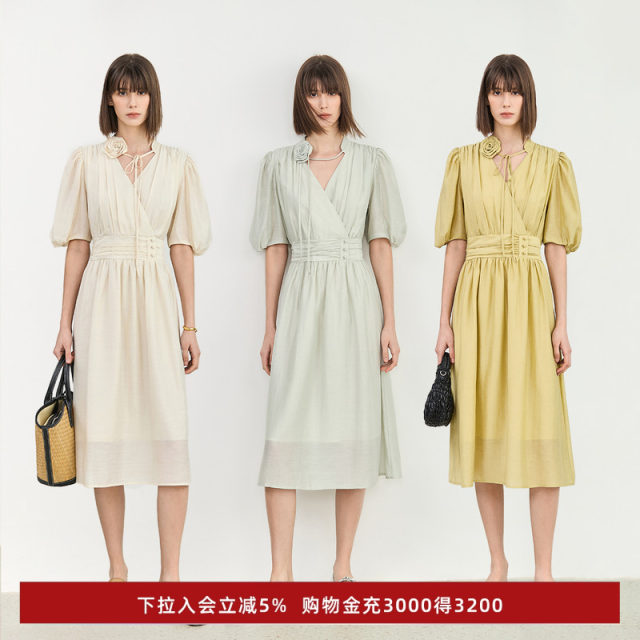 LILY summer women's clothing with linen vintage puff sleeves romantic floral temperament gentle high waist dress
