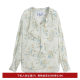 LILY New Women's Romantic Print Elegant Lotus Leaf Drooping Chiffon Shirt

