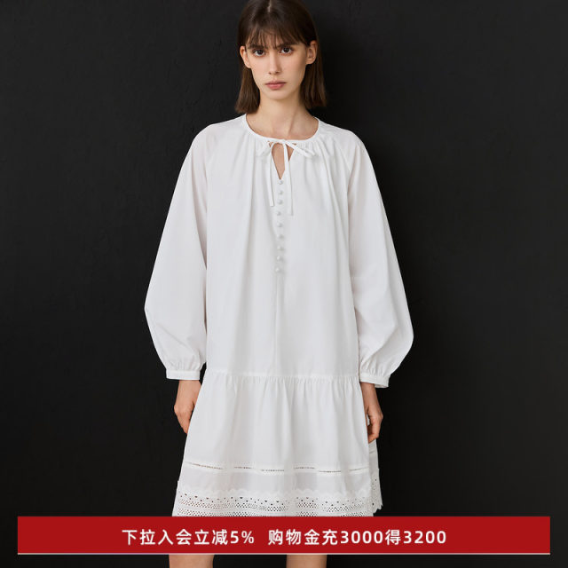 LILY2025 Spring Romantic Temperament Tie V-neck Vacation Commuter Loose Long Sleeve Dress Small White Dress Women
