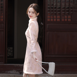 Cheongsam new Chinese autumn and winter 2023 new pink small man short New Year Small Coat Dress thickening in winter