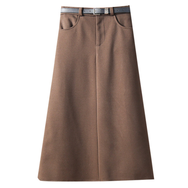 Thickened woolen pocket skirt for Autumn and winter for women 2024 new high-waisted slim mid-length skirt long skirt umbrella skirt