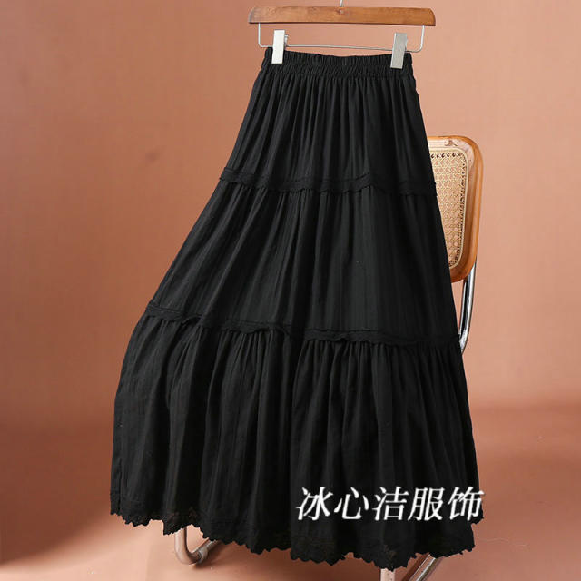 White embroidered lace splicing skirt for women 2025 summer new French A-line cake skirt long skirt umbrella skirt