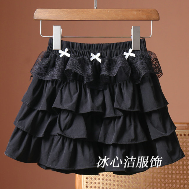 White bow lace spliced ​​cake skirt summer 2025 new sweet A-line puffy skirt