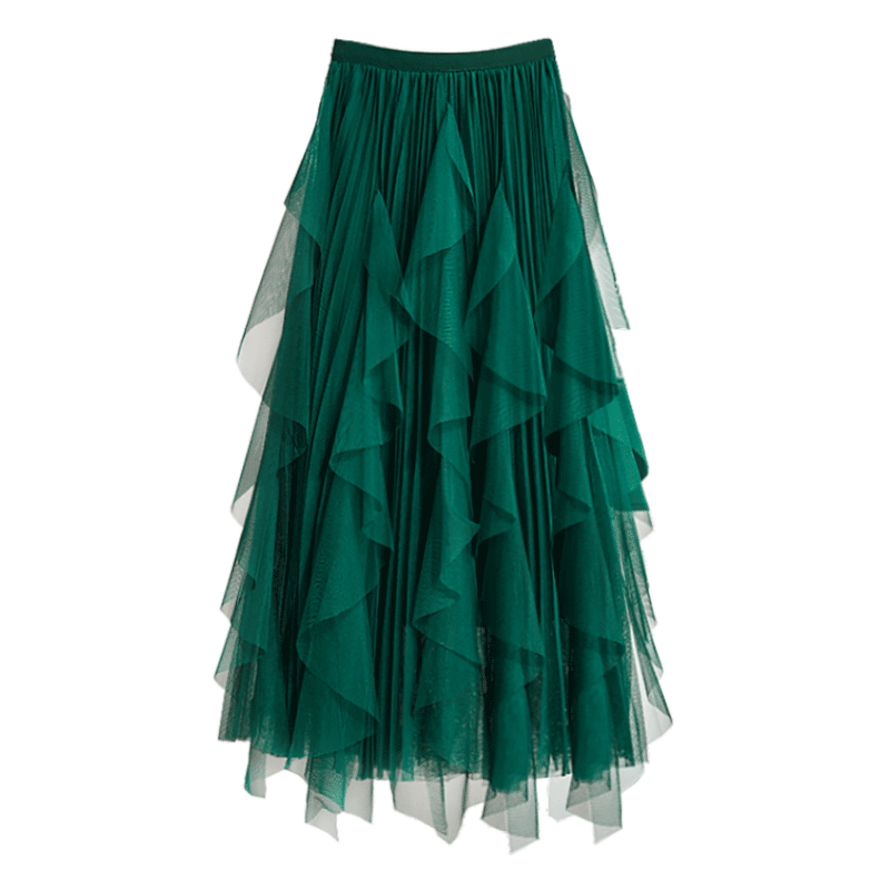 Autumn and winter green irregular gauze skirt skirt for women spring and autumn 2025 new white skirt mesh pleated skirt long skirt