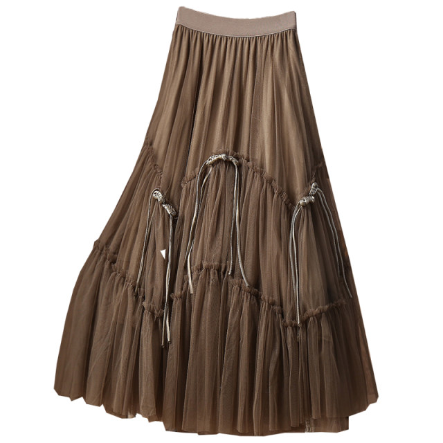 Spring retro buckle decorative mesh large sway skirt for women 2025 new puffy trouser skirt long skirt umbrella skirt skirt