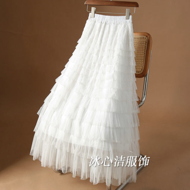 Summer apricot mesh spliced ​​cake skirt for women's spring and autumn 2025 new high-waisted slim gauze skirt long skirt
