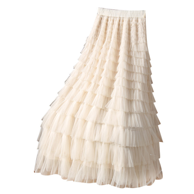 Summer apricot mesh spliced ​​cake skirt for women's spring and autumn 2025 new high-waisted slim gauze skirt long skirt