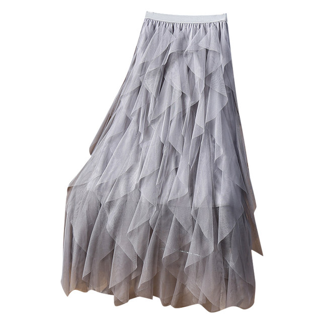Gray irregular layered mesh skirt skirt for women spring and autumn 2025 new black skirt long skirt tulle skirt autumn and winter