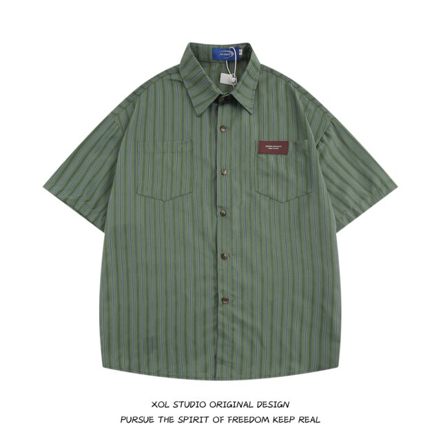 XOL original Japanese striped lapel short -sleeved shirt men's niche design sensor retro port wind chIC shirt summer