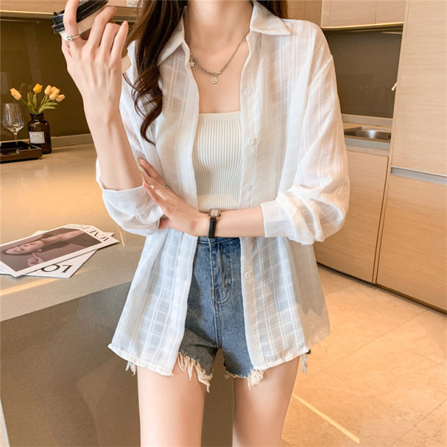 White plaid sunscreen shirt jacket for women in summer new Korean style breathable thin loose versatile cardigan top