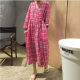Korean version of V -neck tie thin long sleeve cotton and linen dress women's French retro lattice long skirt large size casual A -line skirt
