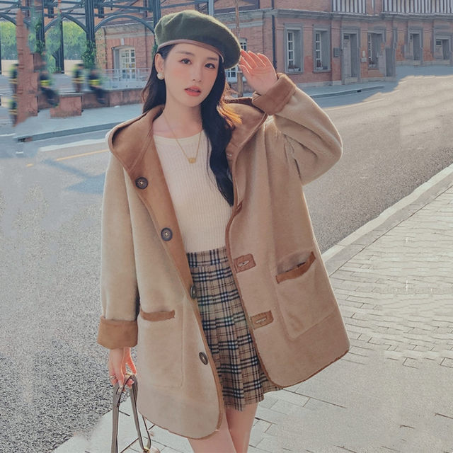 Mid-length loose two-sided lamb fur coat for women large size thickened hooded fur integrated cotton coat cotton coat coat