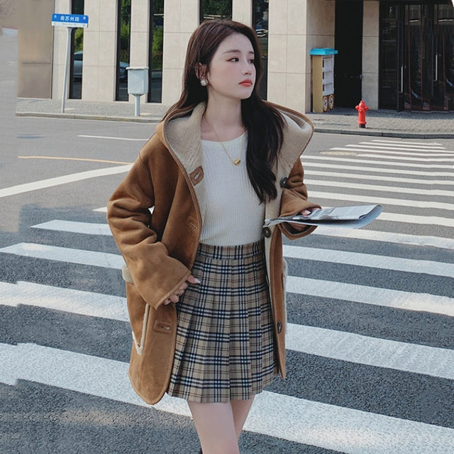 Mid-length loose two-sided lamb fur coat for women large size thickened hooded fur integrated cotton coat cotton coat coat