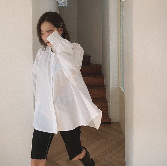 Mid-length white lantern sleeve shirt for women loose sweet doll shirt for long sleeve stand collar irregular fashionable shirt trendy