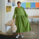Spring and summer new loose V -neck literary long -sleeved dress female big size over -the -knee casual long skirt wild A -line skirt
