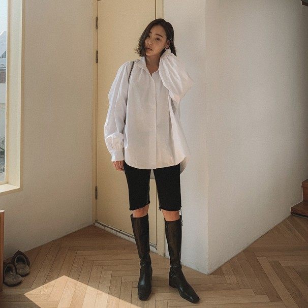 Mid-length white lantern sleeve shirt for women loose sweet doll shirt for long sleeve stand collar irregular fashionable shirt trendy