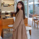 Spring and summer new loose V -neck literary long -sleeved dress female big size over -the -knee casual long skirt wild A -line skirt
