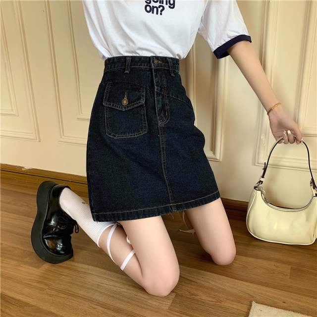 Niche design high -waisted denim skirt female summer 2022 new large size, thin A -line skirt bag hip skirt