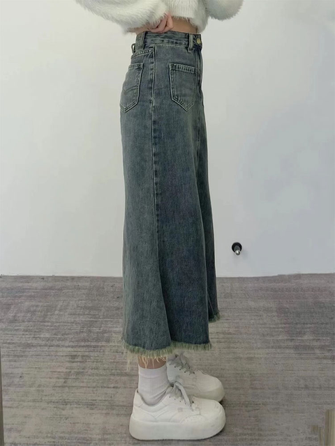 Retro mid-length denim skirt for women in spring and summer 2024 new large-size fish tail half-body long skirt A-line slim hip-pack skirt