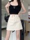 Off-white denim skirt for women in summer large size new high-waisted small anti-exposure A-line white hip-pack skirt