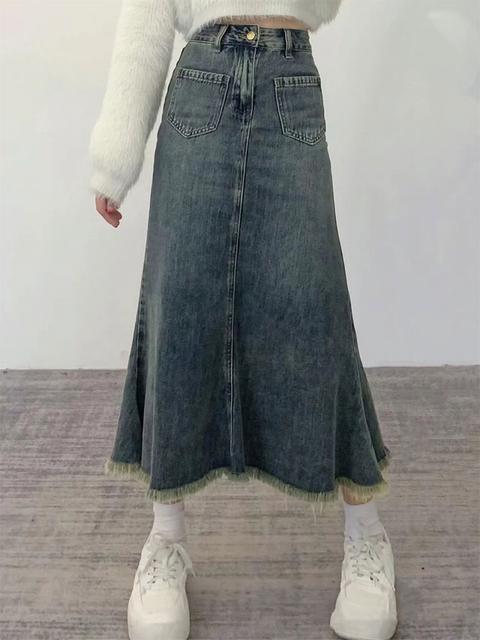 Retro mid-length denim skirt for women in spring and summer 2024 new large-size fish tail half-body long skirt A-line slim hip-pack skirt