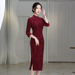 Wine red cheongsam 2023 autumn and winter new high-end long-sleeved mother-dress retro styling mid-long style