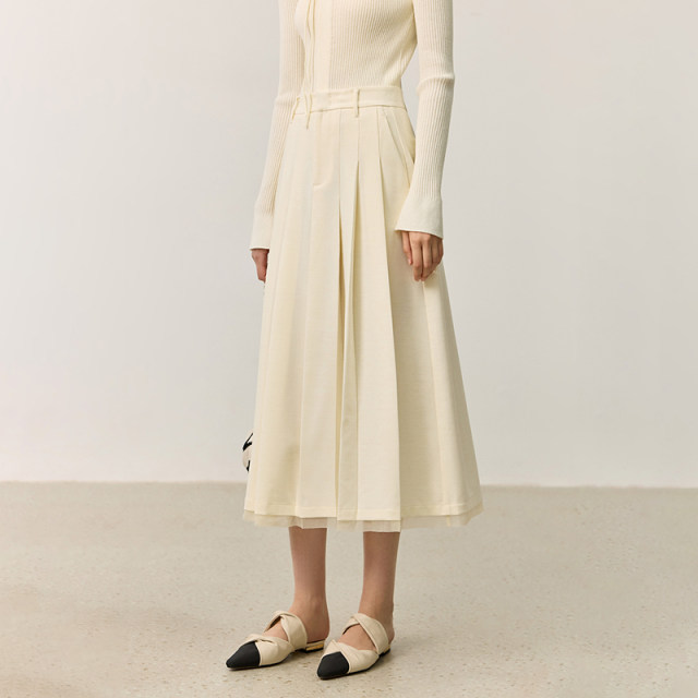 
LILY autumn new women's clothing elegant gloss OL commuting versatile double-layer pleated skirt white half-body long skirt