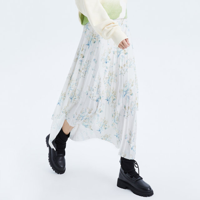 LILY Spring New Women's Gentle Print Chic Irregular Pleated Skirt Women