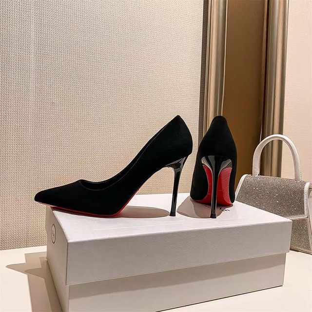 European and American French 2025 spring new style etiquette red sole black high heels for women's slim heels professional sexy pointed-toe shoes