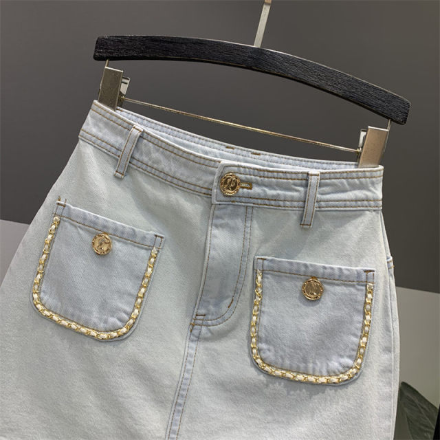 2025 summer new pocket chain design sense denim skirt for women versatile slim A-line skirt

