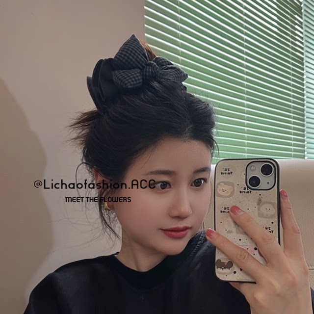 Black and gray plaid bow hair tie Korean high-end hair accessories headband 2025 new texture fabric intestine hair tie for women