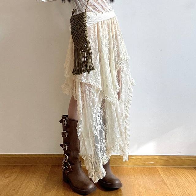 Retro lace splicing irregular mid-length skirt layered with vintage A-line skirt
