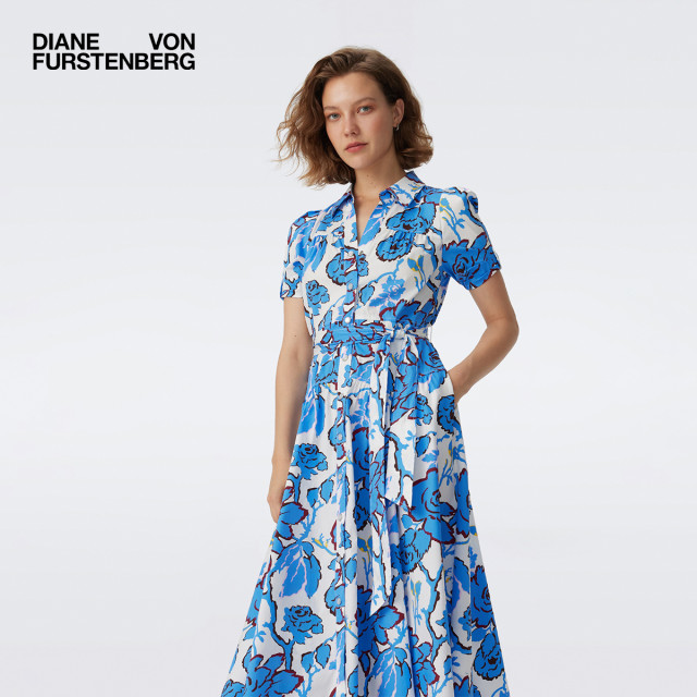 DVF2025 spring and summer new POLO neck short-sleeved tea skirt vine flowers plant printed dress DS1T012