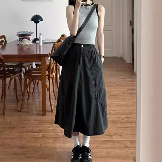 American dark gray work skirt with large size drawstring cover hips and quick-drying A-line umbrella skirt fat mm slimming skirt autumn
