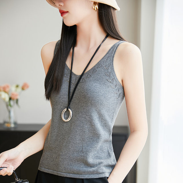 100% pure cotton hollow V-neck camisole women's summer slim fit soft sleeveless bottoming top for women