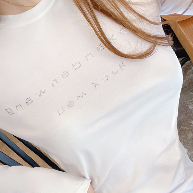 European and American 2025 spring and summer new round neck iron diamond printing versatile top mercerized cotton base white long-sleeved T-shirt for women