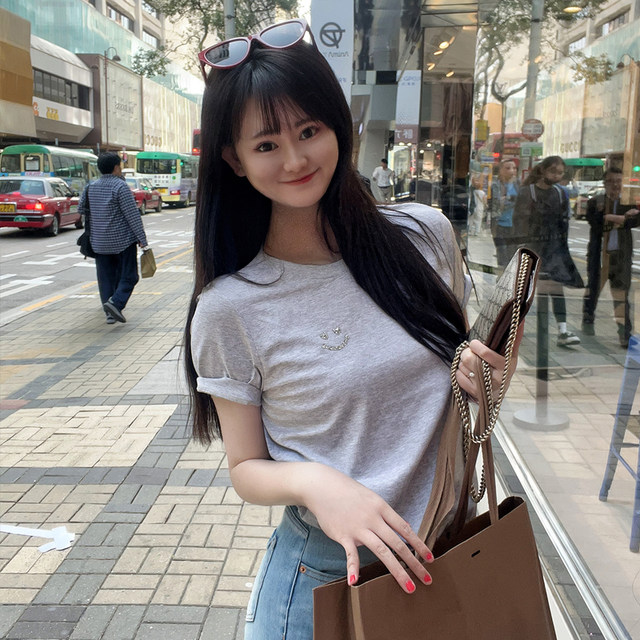 Gray front shoulder short-sleeved T-shirt for women 2025 summer new simple and versatile pattern ironing diamond slim cotton T-shirt top