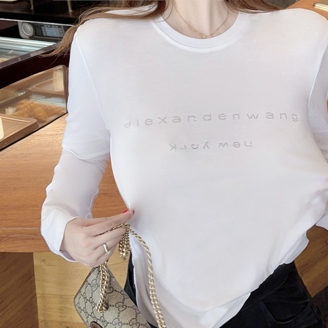 European and American 2025 spring and summer new round neck iron diamond printing versatile top mercerized cotton base white long-sleeved T-shirt for women