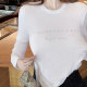 European and American 2025 spring and summer new round neck iron diamond printing versatile top mercerized cotton base white long-sleeved T-shirt for women