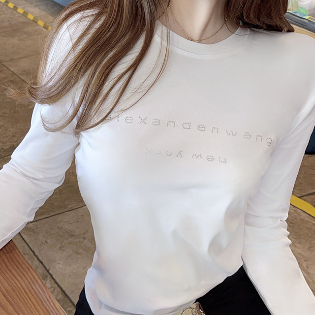 European and American 2025 spring and summer new round neck iron diamond printing versatile top mercerized cotton base white long-sleeved T-shirt for women