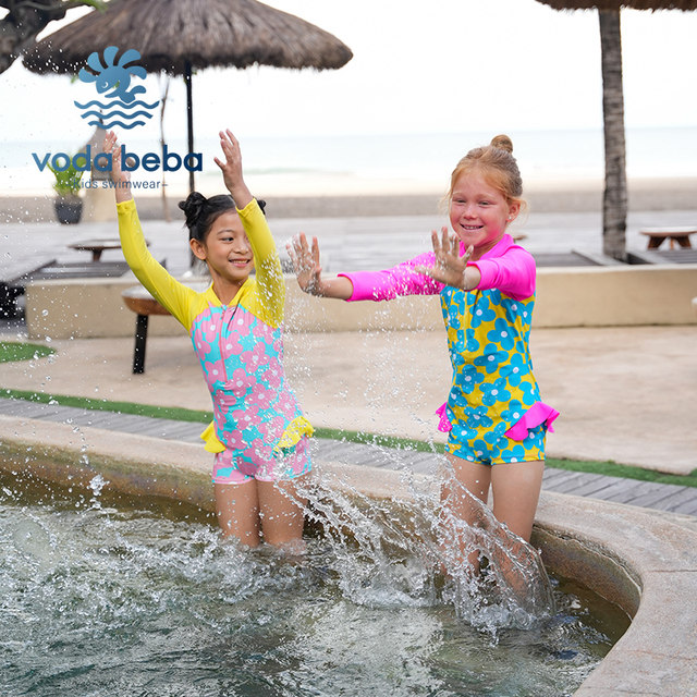 vodabeba2024 new girls summer children one-piece flat corner swimsuit sun protection long sleeve dopamine color patch
