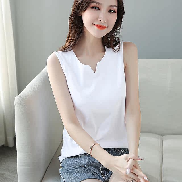 White pure cotton v-neck suspender vest for women with summer loose large size sports outside sleeveless base T-shirt